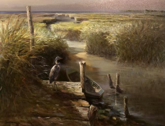 "Heron Overlooking the Marsh" Includes (E) Frame by Kun Lee
